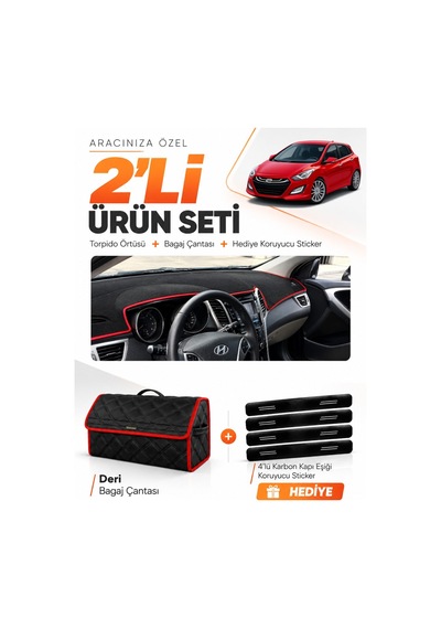E-biz Hyundai İ30 2012-2016 Uyumlu Torpido Örtüsü + Deri Bagaj Çantası - Siyah-kırmızı - Hu005