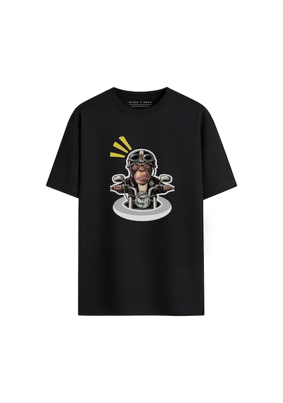 Black Nova Oversize Baskılı Unisex %100 Pamuk T-shirt Pop-up Monkey Siyah