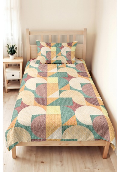 Geometrik Yeşil Genç Odası Tek Kişilik Pike Takımı - Hardal Kahve 160x220 Cm Kapitone Yatak Örtüsü Mat Sepet Esintisi
