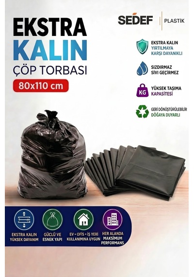 80x110 Cm Extra Kalın Siyah Endüstriyel Çöp Poşeti - 50 Adet / Ağır Hizmet Tipi