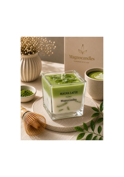 Elma Aromalı Matcha Latte Mum 400 Cc El Yapımı Soya Wax Dekoratif Kokulu Mum Yeşil