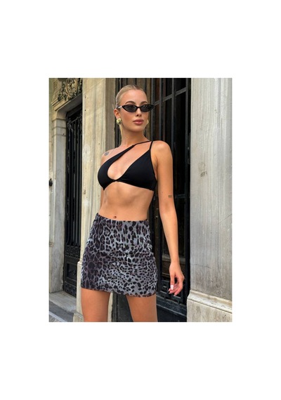 Winmoda34 Kadın Mini Leopar Tül İçi Astarlı Etek Gri-leopar