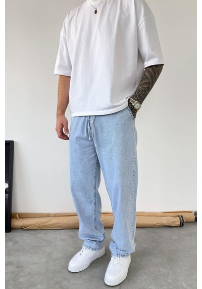 Buz Mavi Beli Lastikli Baggy Pantolon