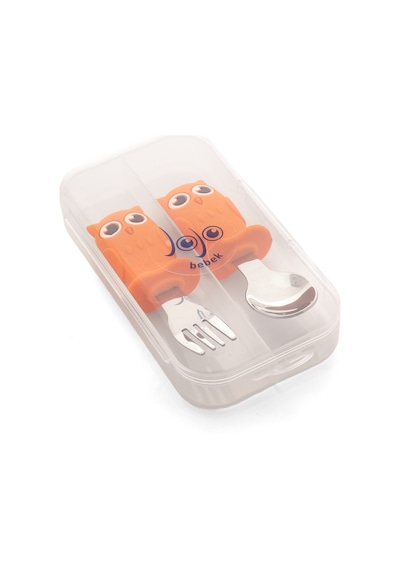 Turuncu Baykuş Figürlü Premium Çocuk Bpa Free Silikon Sap Paslanmaz Çelik Uçlu Çatal-kaşık Set 9+ Ay