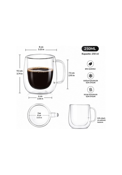 Çift Cidarlı Cam Kupa Bardak 250 Ml Isı Yalıtımlı Latte, Kahve Ve Çay Bardağı 2 Li Set Açık
