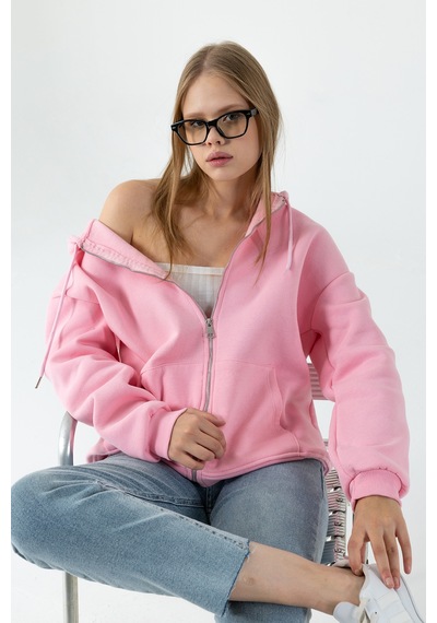 Giysa Kadın Kapüşonlu Fermuarlı Şardonlu 3ip Sweatshirt Pembe - 9015 - 264401 Pembe