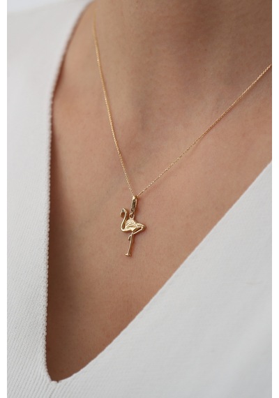 14 Ayar Altın Siyah Taşlı Minimal Flamingo Kolye Sarı Altın