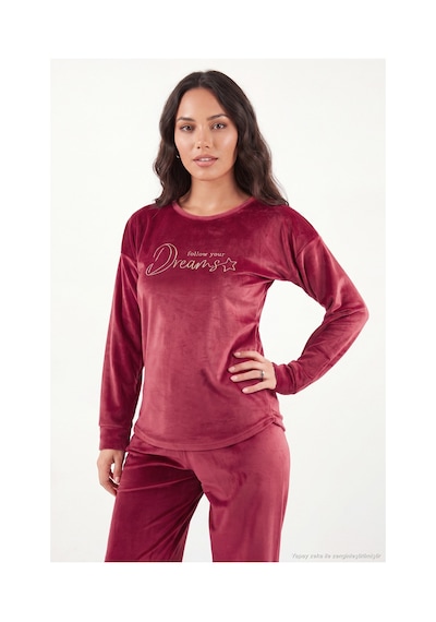 Lela Bisiklet Yaka Yumuşak Dokulu Parlak Kadife Pijama Takımı Kadın Pijama Takımı 6094209 Bordo