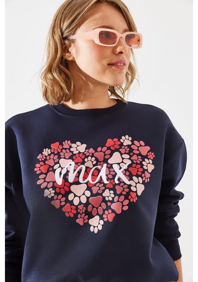 Shade Kadın Üç İplik Şardonlu Yuvarlak Yaka Pati Baskılı Sweatshirt Mbhs005 60601005 - Lacivert