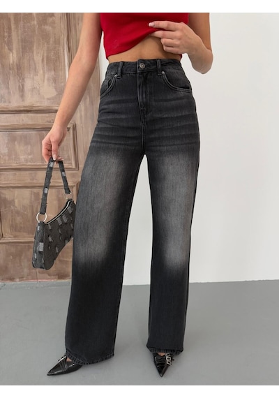 Kadın Wide-leg Yüksek Bel Geniş Paça Kot Pantolon Koyu Füme Siyah+koyu Füme