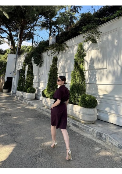Primemagazam Kadın Yakalı Gömlek Kemerli Şortlu Alt-üst Takım - Bordo Çeşitli