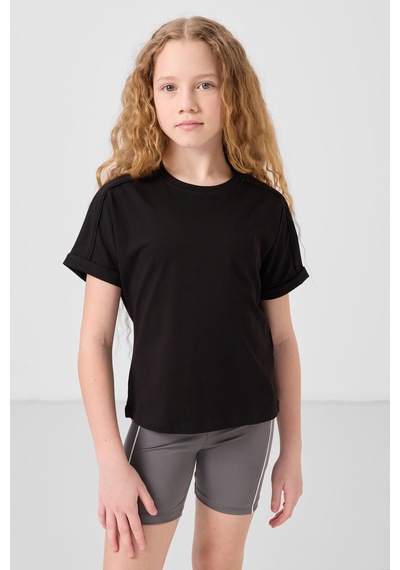 Siyah Pamuklu O Yaka Oversize Fit Basic Kız Çocuk T-shirt - 75182 Siyah