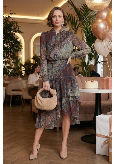 Lela Regular Fit Boyundan Bağlamalı Volanlı Şifon Midi Bayan Elbise 611El1450 Kahve
