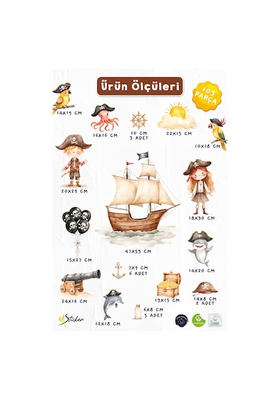 Çocuk Odası Duvar Sticker 103 Parça Korsan Gemisi Hazine Deniz Temalı Duvar Çıkartması Çok Renkli