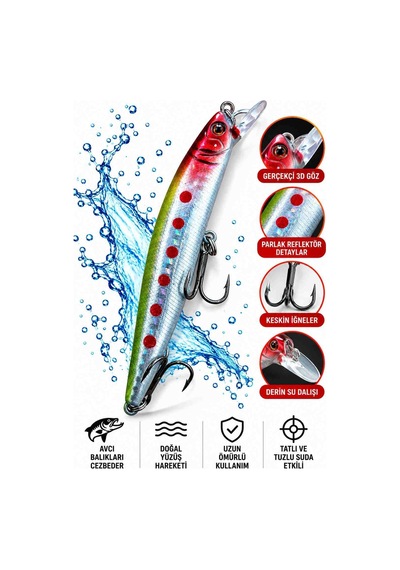 11 Cm 110 Mm At Çek Balık Avı Yemi Kırmızı Benekli Gümüş Yeşil Gövde 3d Gözlü Dalgalı Yüzüşlü