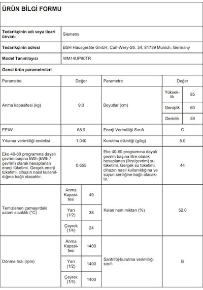 Siemens WM14UP90TR 1400 Devir 9 KG Çamaşır Makinesi