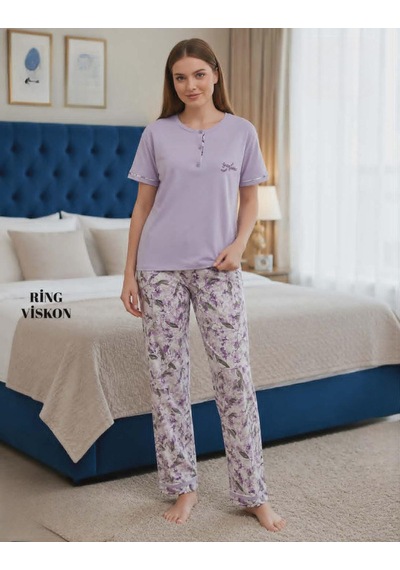 Mihra Kadın Ring Viskon Düğmeli Yaka Kısa Kol Likralı Pijama Takımı 40112m - 1 Adet Mor