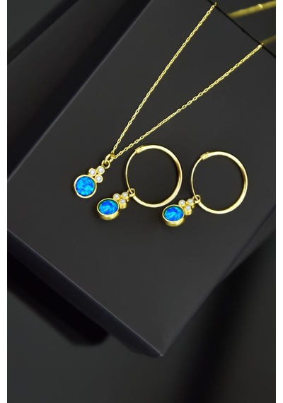 Papatya Silver 925 Ayar Gümüş Gold Kaplama Mavi Opal Yuvarlak Kolye ve Çift Halka Küpe