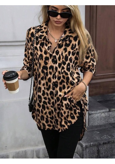 Mareandpanda Kadın Uzun Kollu Yakalı Önden Düğmeli Yandan Bağcıklı Leopar Desenli Modal Bluz
