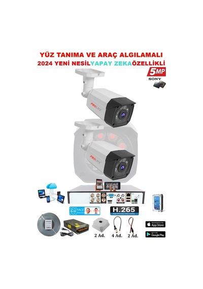 2 Kameralı Yapay Zeka Özellikli Yüz Tanıma ve Araç Algılamalı 5 Mp Kuruluma Hazır Kamera Seti