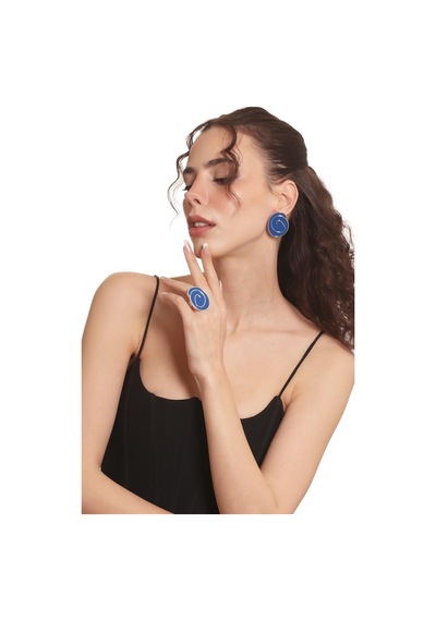 Kadın Gümüş Renk Lak Kaplama Çivili Model Gece Mavisi Mineli Küpe &yüzük Set Mavi