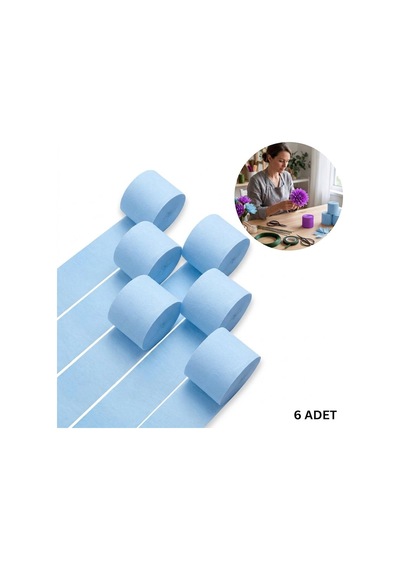 Pastel Mavi Şerit Krapon Kağıdı Rulosu, Çiçek Yapım, El İşi Süsleme Kağıdı, 6 Adet, 4.5 Cm X 22metre