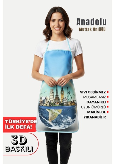 Anadolu 3 Boyutlu Mutfak Önlüğü 3d Baskılı Mutfak Önlüğü Sıvı Su Geçirmez Mutfak Önlüğü Dünya