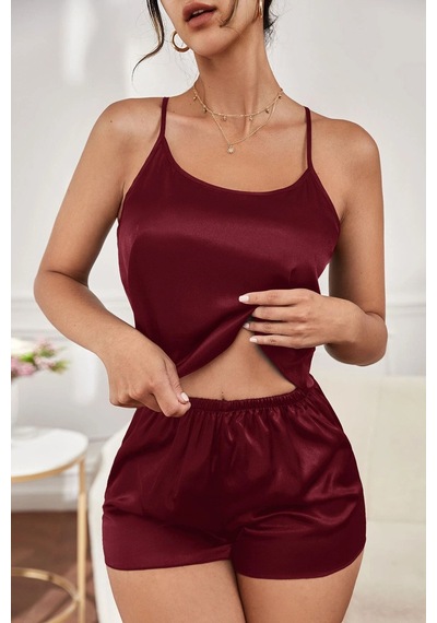 Moda Dua Kadın Bordo Asimetrik Sırt Dekolte Detaylı Şık Şortlu Gecelik Takım
