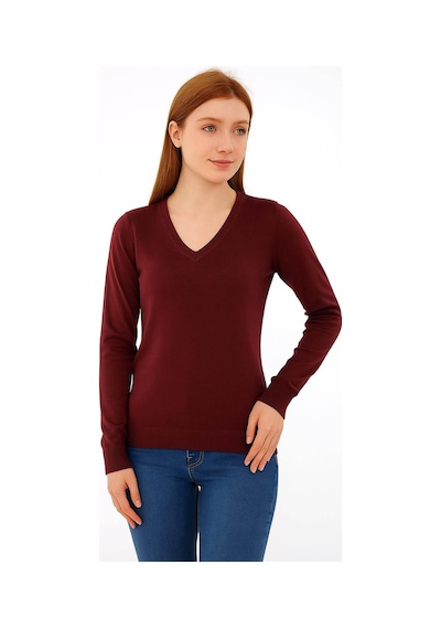 Fashion Friends Esnek V Yaka Bordo Kadın Kazak 25k0778k1 Bordo