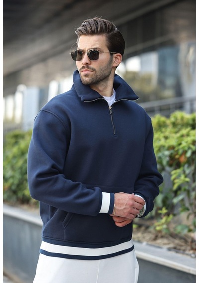 Madmext Lacivert Fermuarlı Dik Yaka Kanguru Cep Erkek Sweatshirt E7159 Lacivert