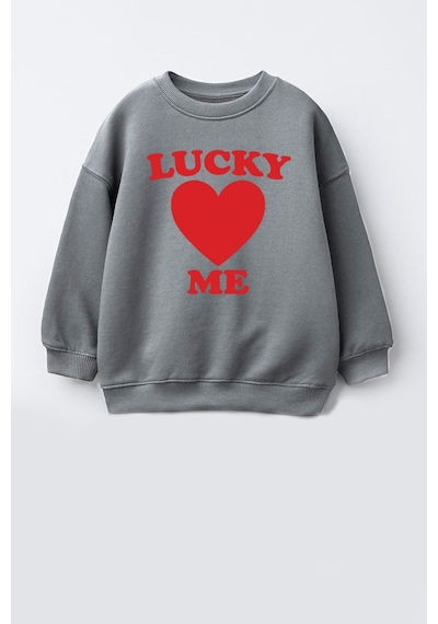Monila Unisex Çocuk Kalp Baskılı 3 İplik Kumaş Pamuklu Sweatshirt Antrasit