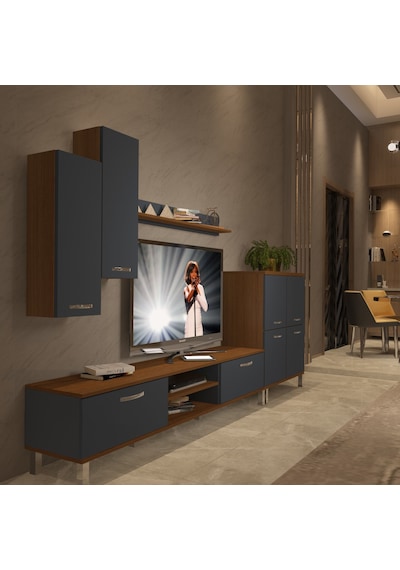 Decoraktiv Eko 6 Mdf Dvd Krom Ayaklı Tv Ünitesi Tv Sehpası Ceviz - Antrasit