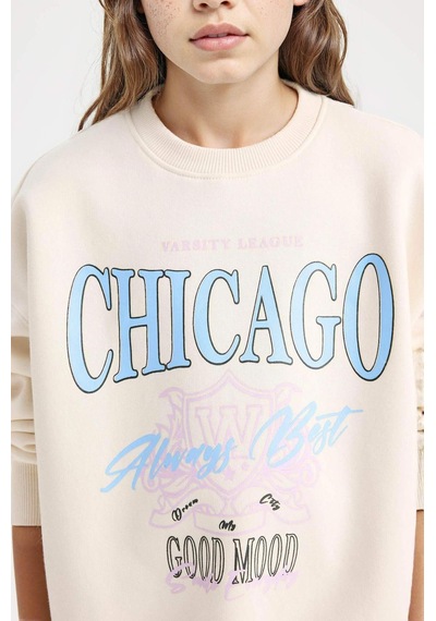DeFacto Kız Çocuk Relax Fit Bisiklet Yaka Baskılı Sweatshirt D7046A824WNER99 Ekru