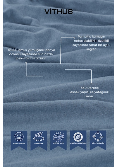 %100 Pamuk Penye Lastikli Çarşaf Tek Kişilik, Çift Kişilik Ve Battal Boy İndigo Mavi