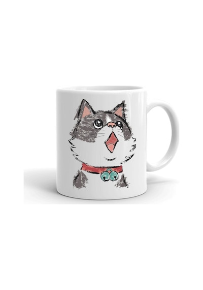 Neşeli Kedi Temalı Baskılı Seramik Beyaz Kupa