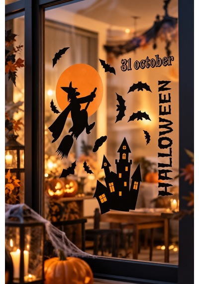Halloween Yarasa Cadı Cam Sticker Seti Cadılar Bayramı Pencere Dekorasyonu Parti Aksesuarı Diğer