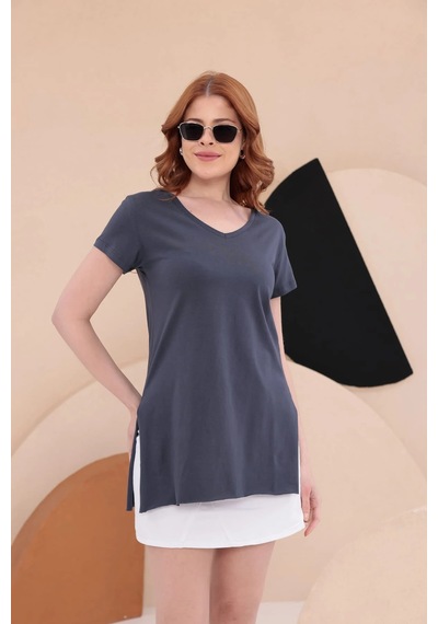 Bbbutikbasic Yırtmaçlı Uzun Basic Tişort Hkn34 Gri