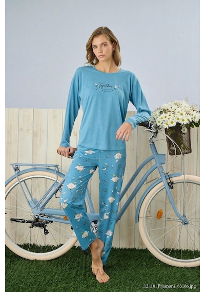 Pijamoni Polyviskon Uzun Kollu Mavi Pijama Takımı - 7300 Mavi