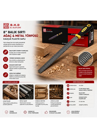 Bossra Bsr-288 Dmx 8" İnç Balık Sırtı Ağaç & Metal Törpüsü- 12'li Paket