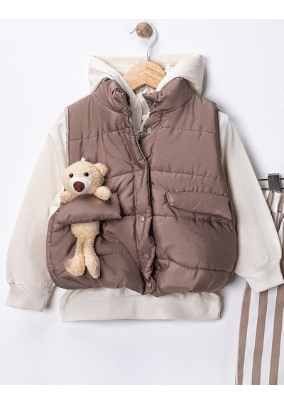 Harika Kids Erkek Bebek 3 Lü Takım 9-24 Ay Şişme Yelek %100 Pamuk Sweatshirt Gabardin Pantolon Kahverengi