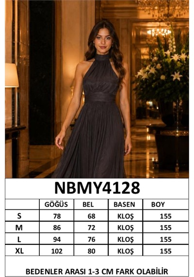 Neşeli Butik Kadın Acı Kahve Halter Yaka Janjan Kumaş Premium Abiye Elbise Nbmy4128 Kahverengi