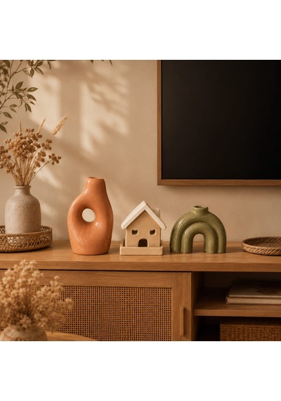 Momiko 3 Lü Modern Bohem Dekoratif Obje Ve Vazo Seti Ev, Kemer Ve Delikli Form Terracota-bej-yeşil
