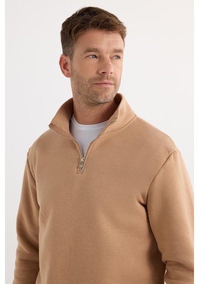 Tudors Unisex Relax Fit Rahat Kesim Pamuklu İçi Polarlı Yarım Fermuarlı Taş Renk Dik Yaka Sweatshirt-29415 Tudors Unisex Relax Fit Rahat Kesim Pamuklu İçi Polarlı Yarım Fermuarlı Taş Renk Dik Yaka Sweatshirt-29415
