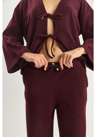 Shade Kadın Bağlama Detaylı Kimono Yüksek Bel Bol Pantolon Selanik Takım 7028 60283640 - Bordo