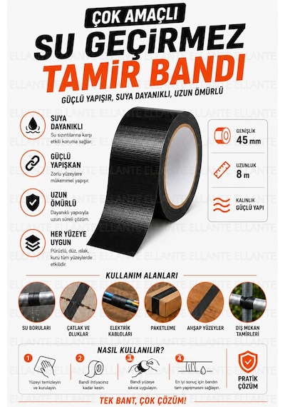 Çok Amaçlı Su Geçirmez Sızdırmaz Dayanıklı Izolasyon Siyah Tamir Bandı 45 Mm 8 Mt 1 Adet Güçlü