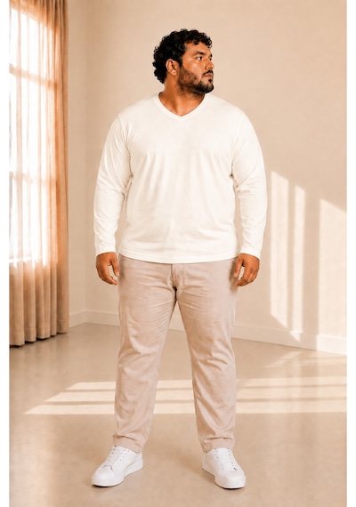 Sngl Tekstil Erkek Büyük Beden Oversize Uzun Kollu V Yaka T-shirt 3xl 4xl 5xl 6xl 7xl 8xl 9xl Ekru