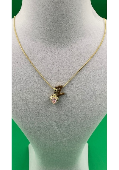 14k Altın Renginde Z Harf Pembe Kalpli Minimal Çelik Kadın Kolye Altın