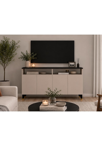 Yamaç Modern Tv Ünitesi 4 Kapaklı Ayaklı Televizyon Dolabı Salon Mobilyası Krem
