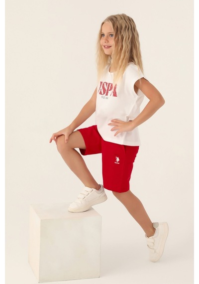 U.S. Polo Assn. Lisanslı Flower Written Kırmızı Kız Çocuk Bermuda Takım 5274-43168 Krem - Kırmızı