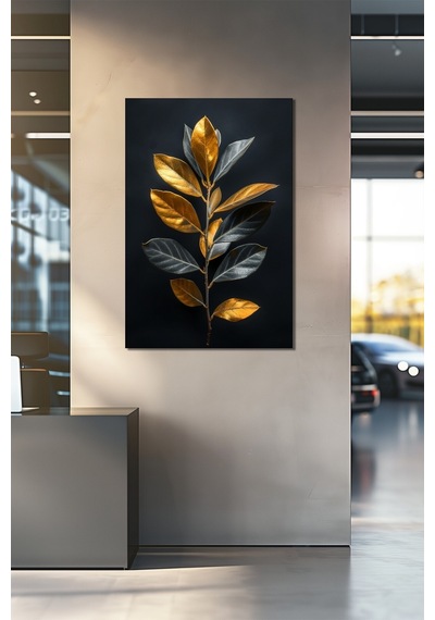 Altın Yaprak Baskılı Cam Tablo Modern Botanik Desenli Dekoratif Duvar Tablosu